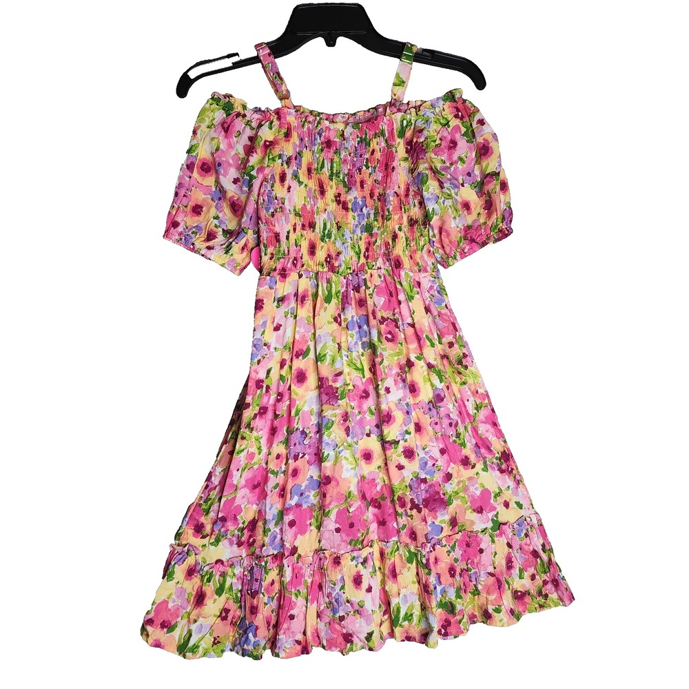The Childrens Place Girls Short Sleeve Smocked Dress Pink/Yellow Floral 10/12